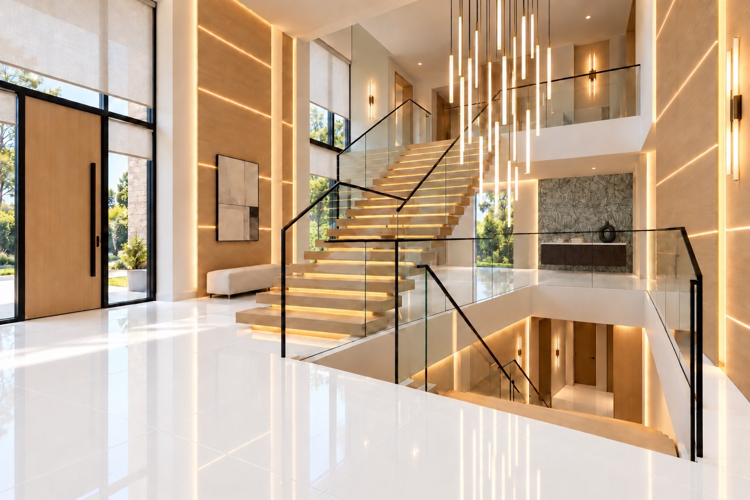 Double-height stair hall with glass railing and cascading pendant lights