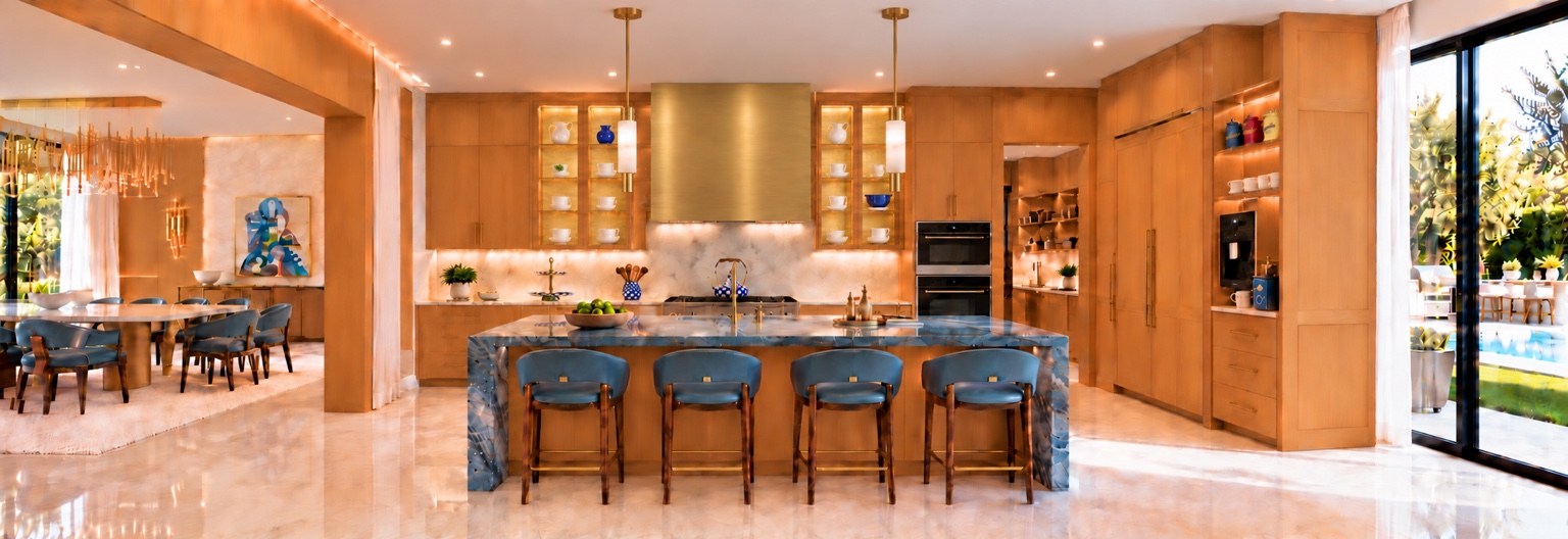 Kitchen island with blue seating beside the dining room
