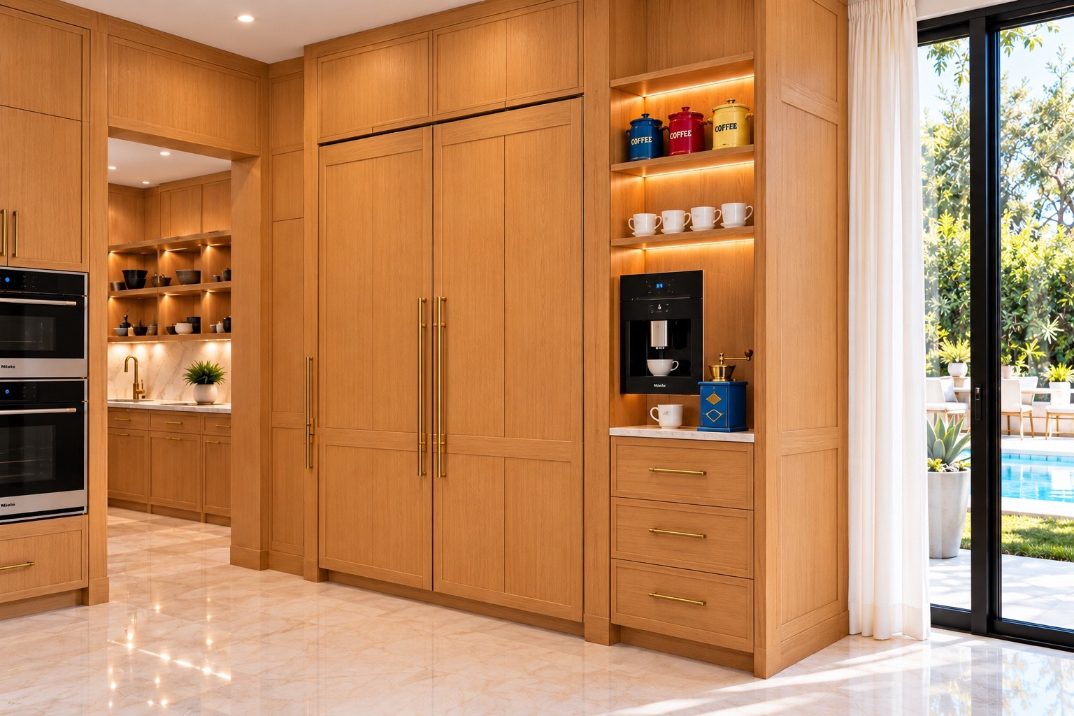 Paneled kitchen cabinetry with integrated appliances and a coffee station