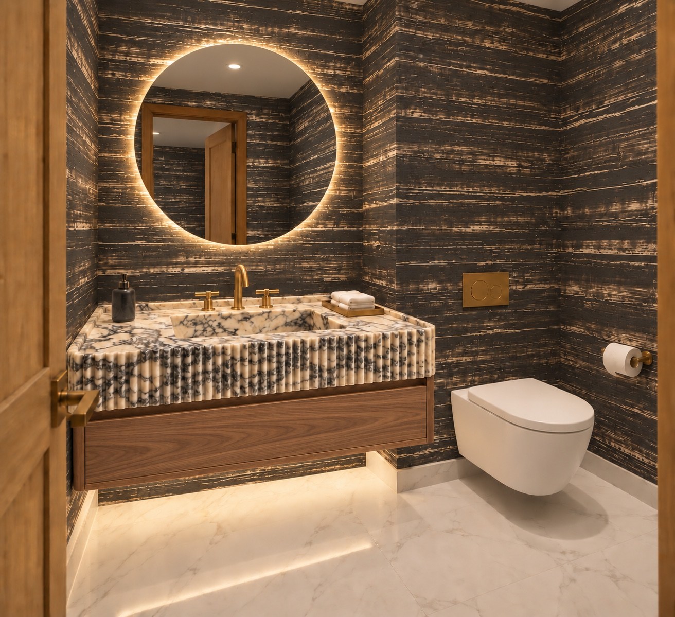 Powder room with dark stone walls and an illuminated round mirror