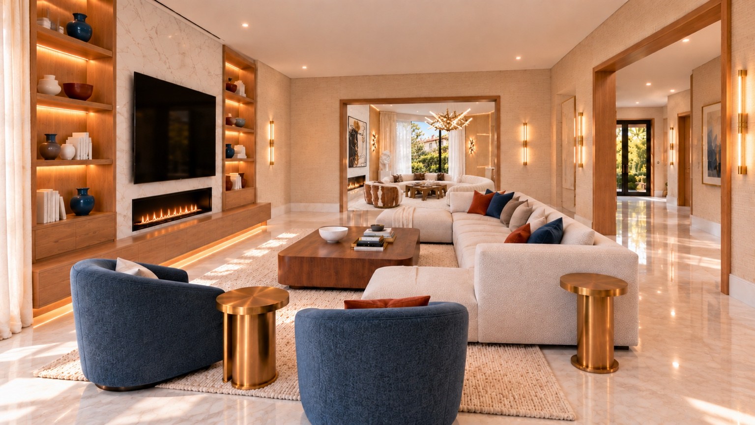 Family room media wall with fireplace and illuminated shelves