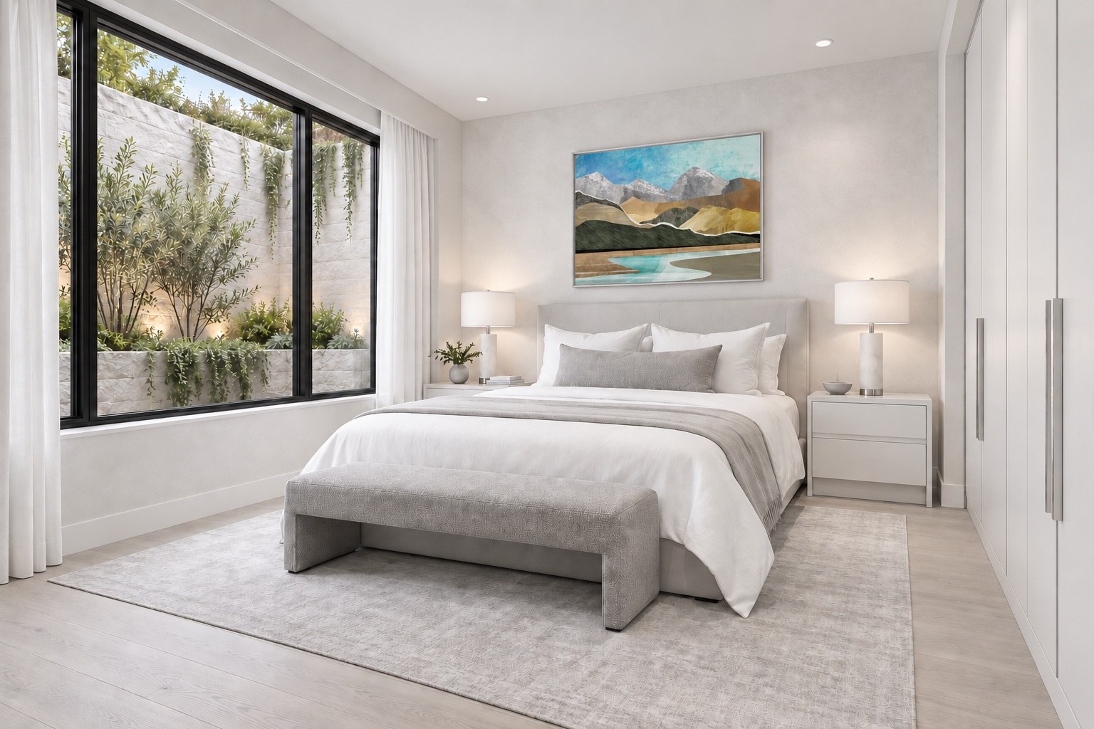 Bedroom with soft neutral finishes and a garden view