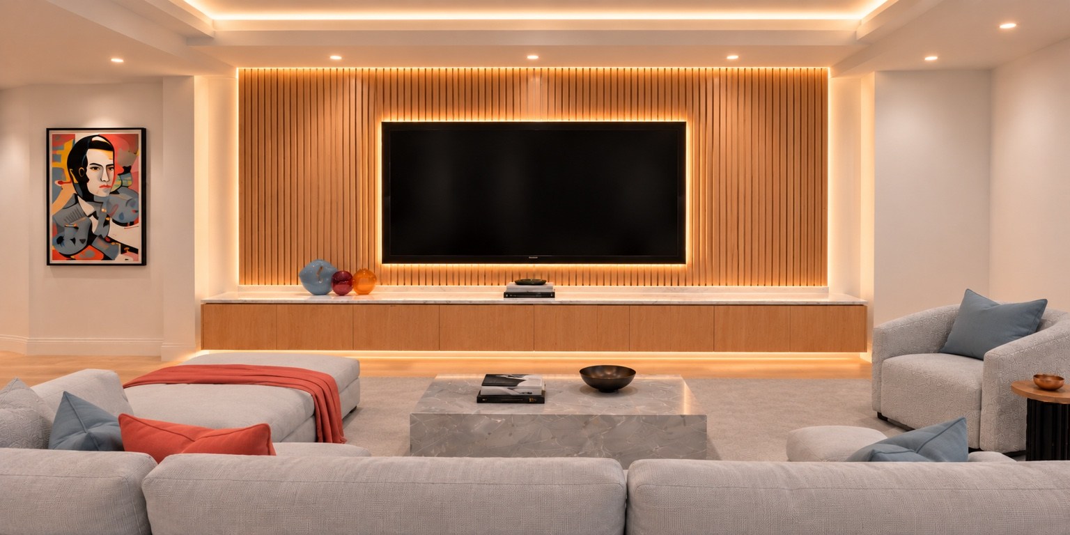 Entertainment room with illuminated wood media wall and comfortable seating