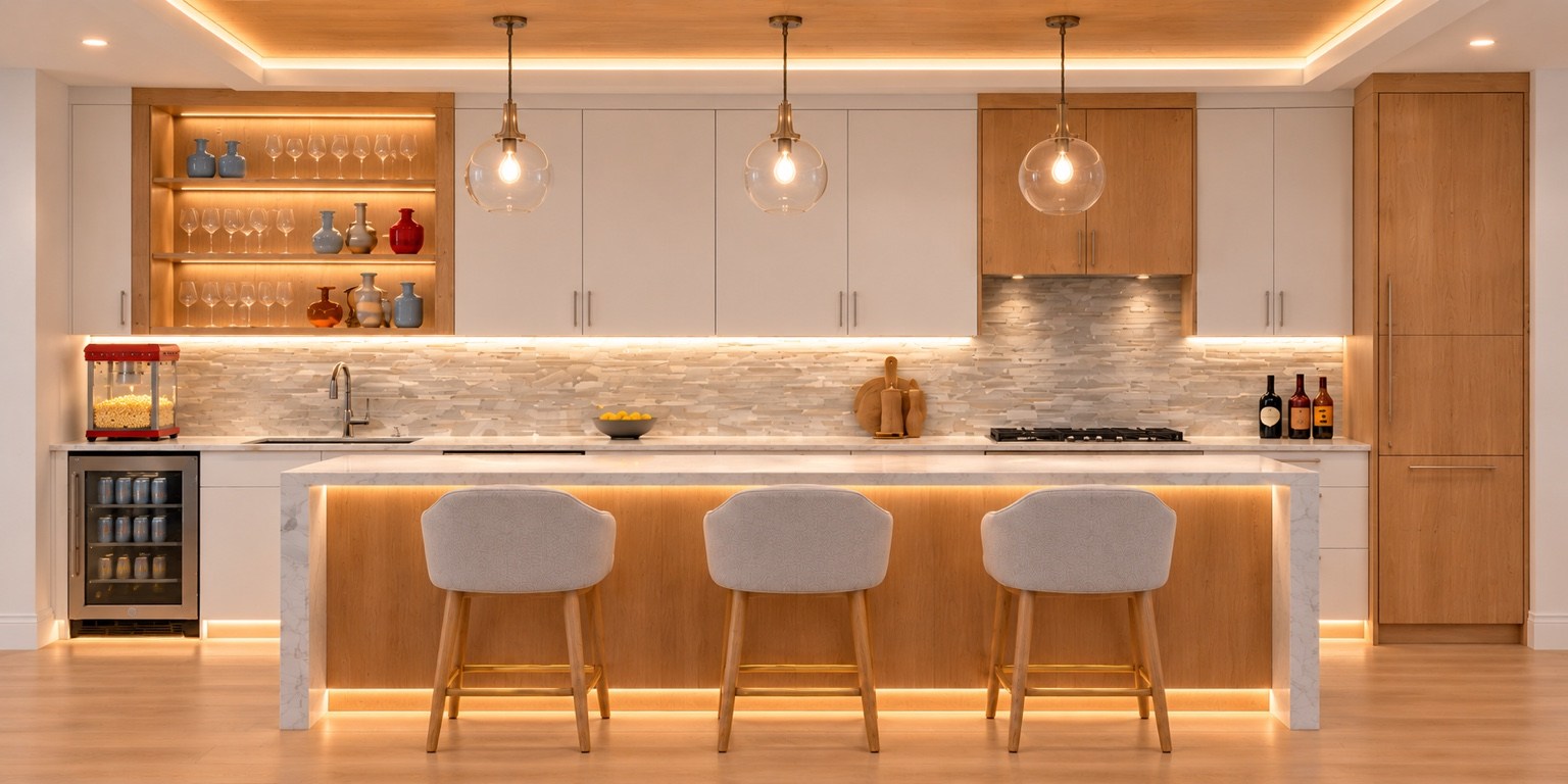 Entertainment kitchen and bar with stone island and warm lighting