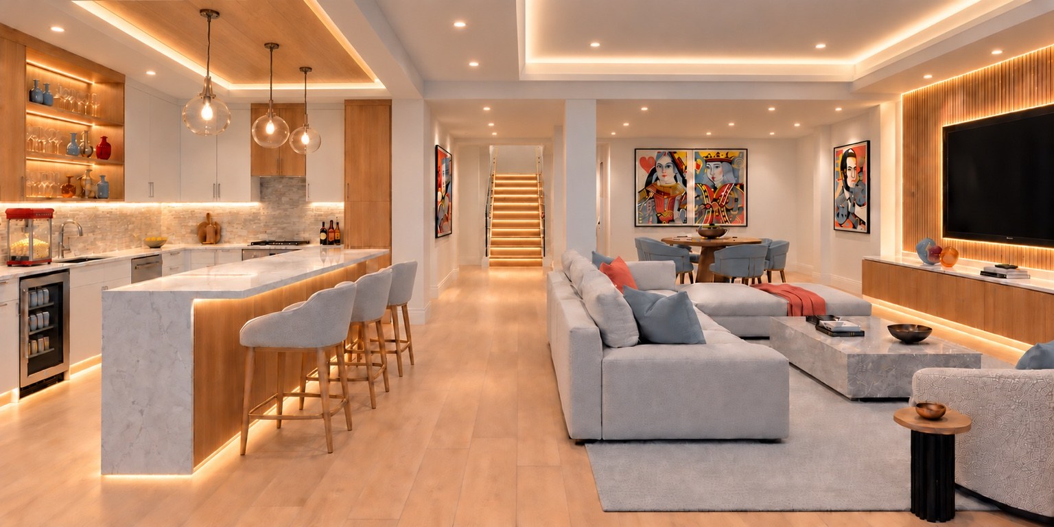 Entertainment level connecting the bar, lounge and staircase
