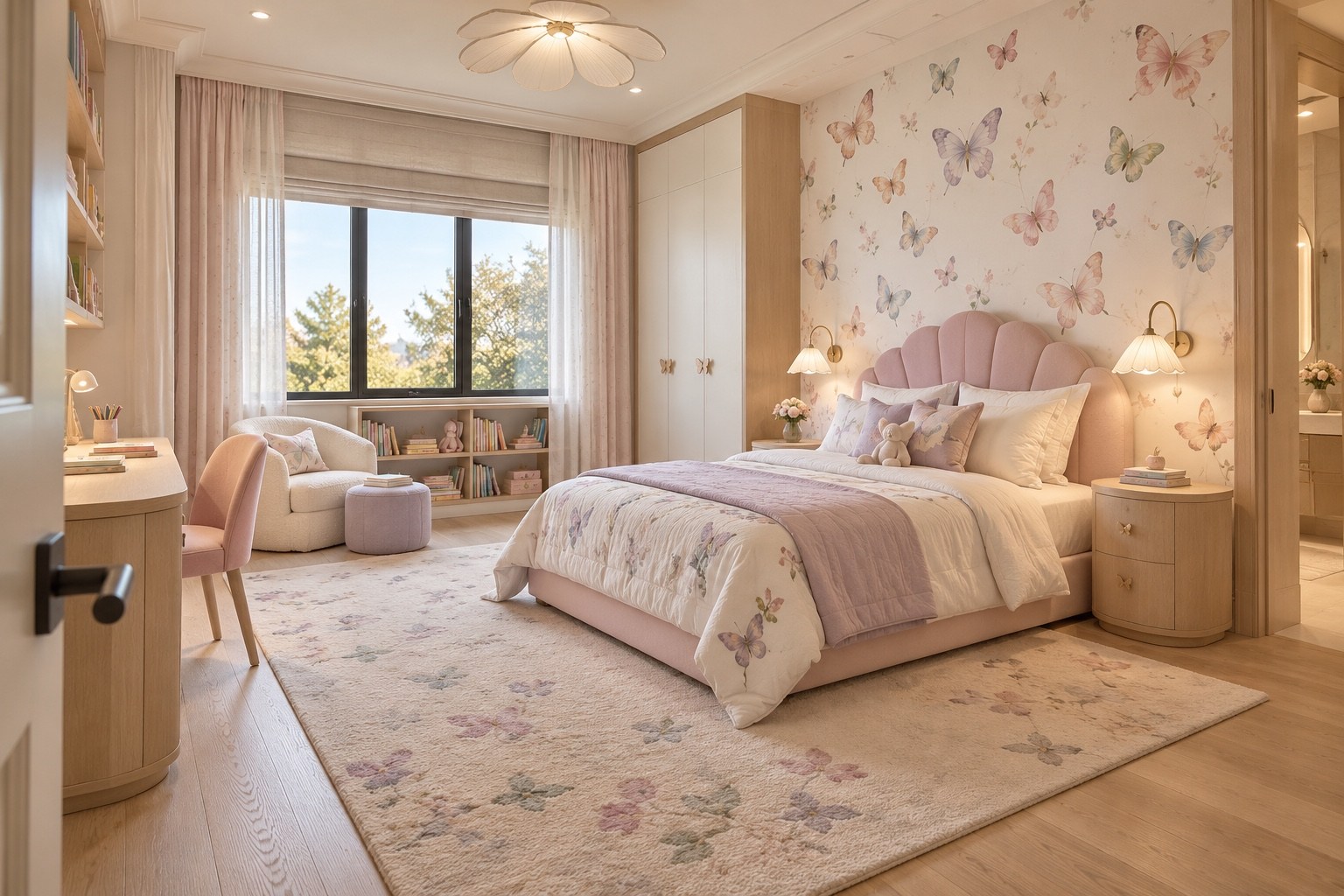 Butterfly-inspired bedroom with soft pink accents