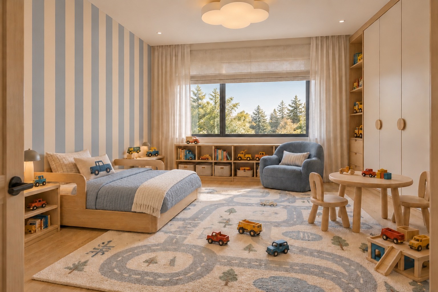 Children’s bedroom with blue striped walls and a playful car-themed rug