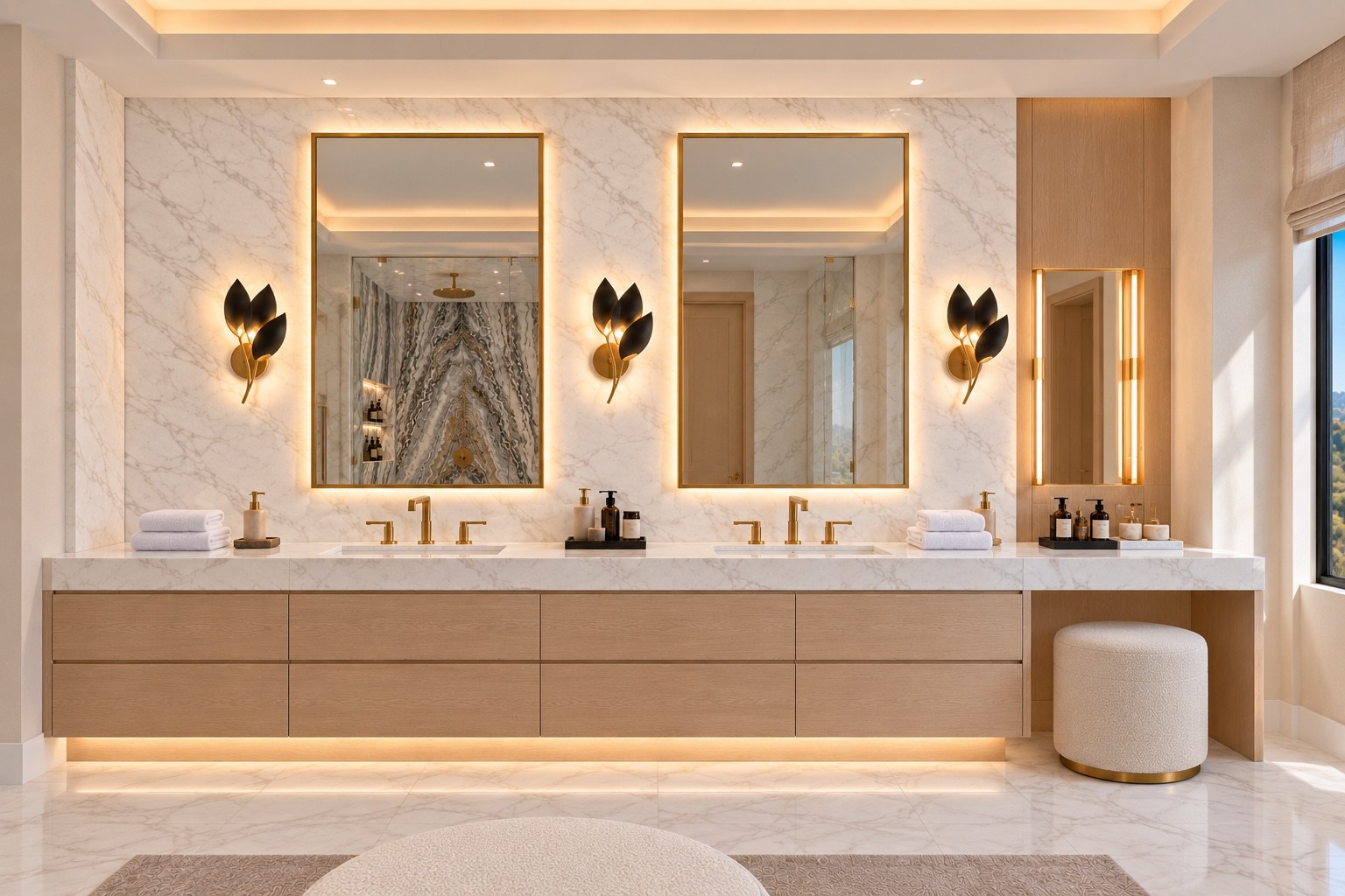 Primary bathroom vanity with warm wood cabinetry and illuminated mirrors