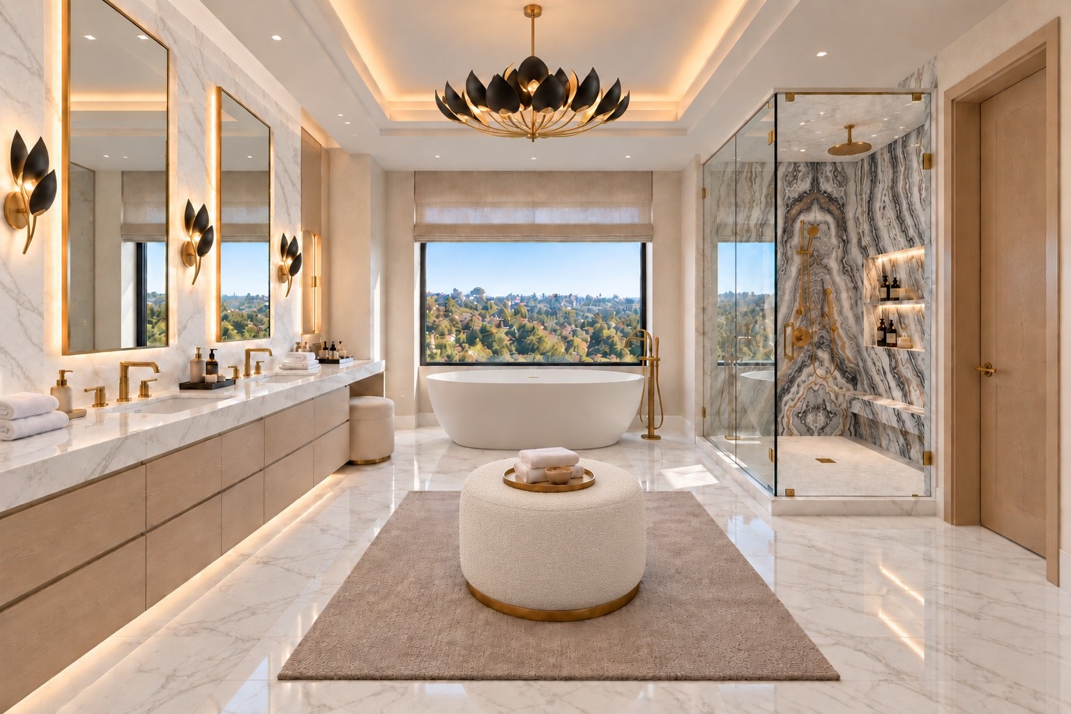 Primary bathroom with freestanding tub and hillside views