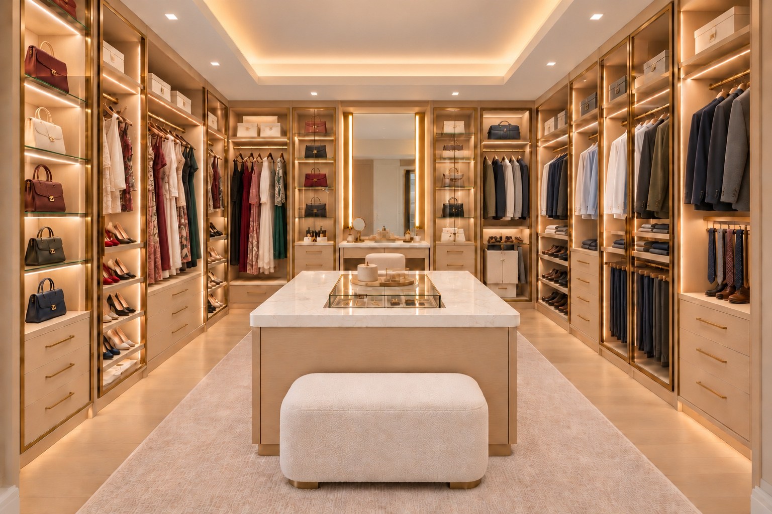 Walk-in dressing room with illuminated displays and central island