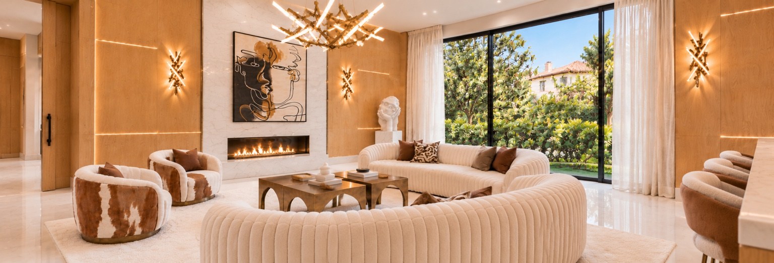 Formal living room with curved sofas and a linear fireplace