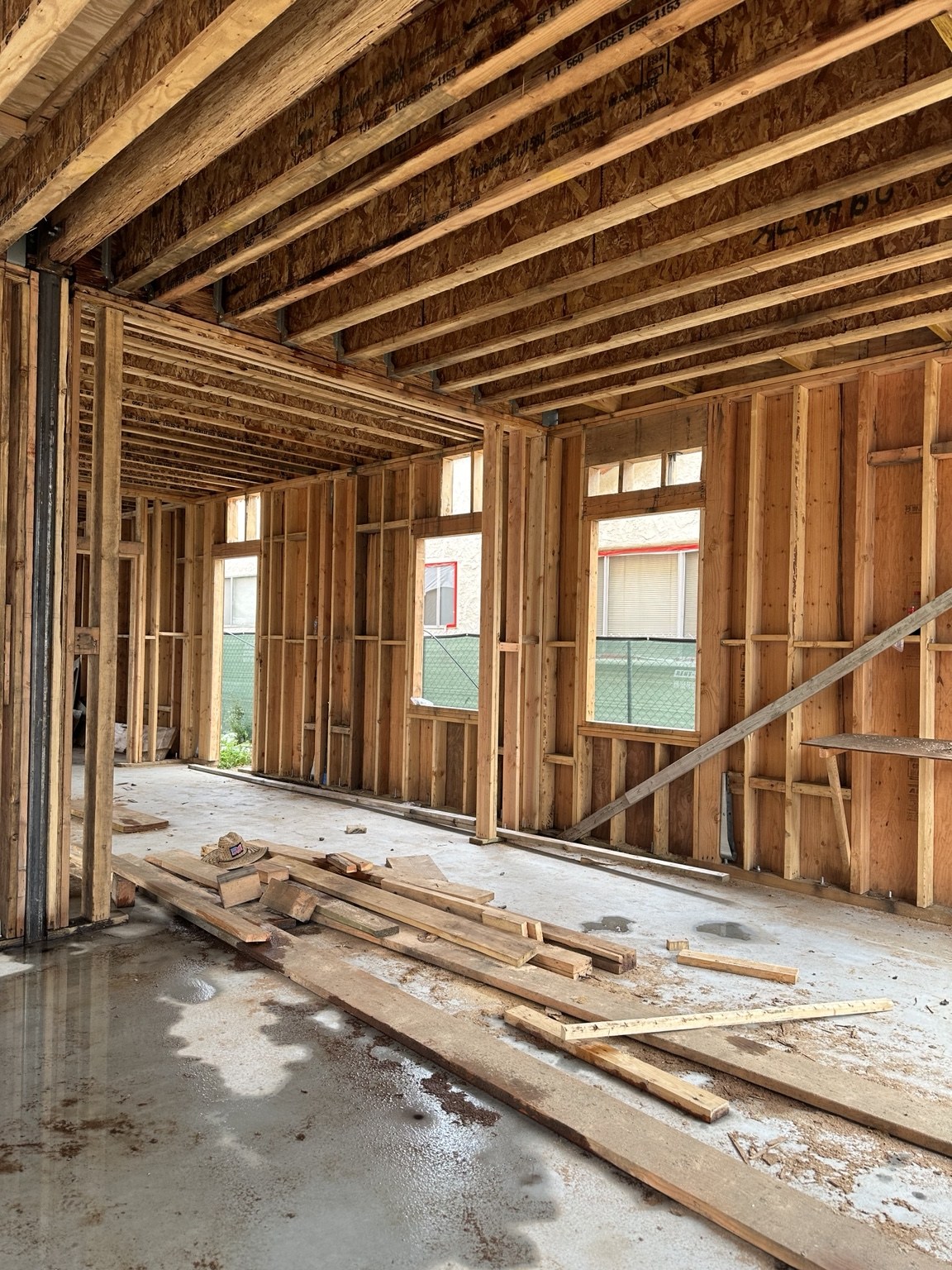Wood framing and ceiling structure during construction