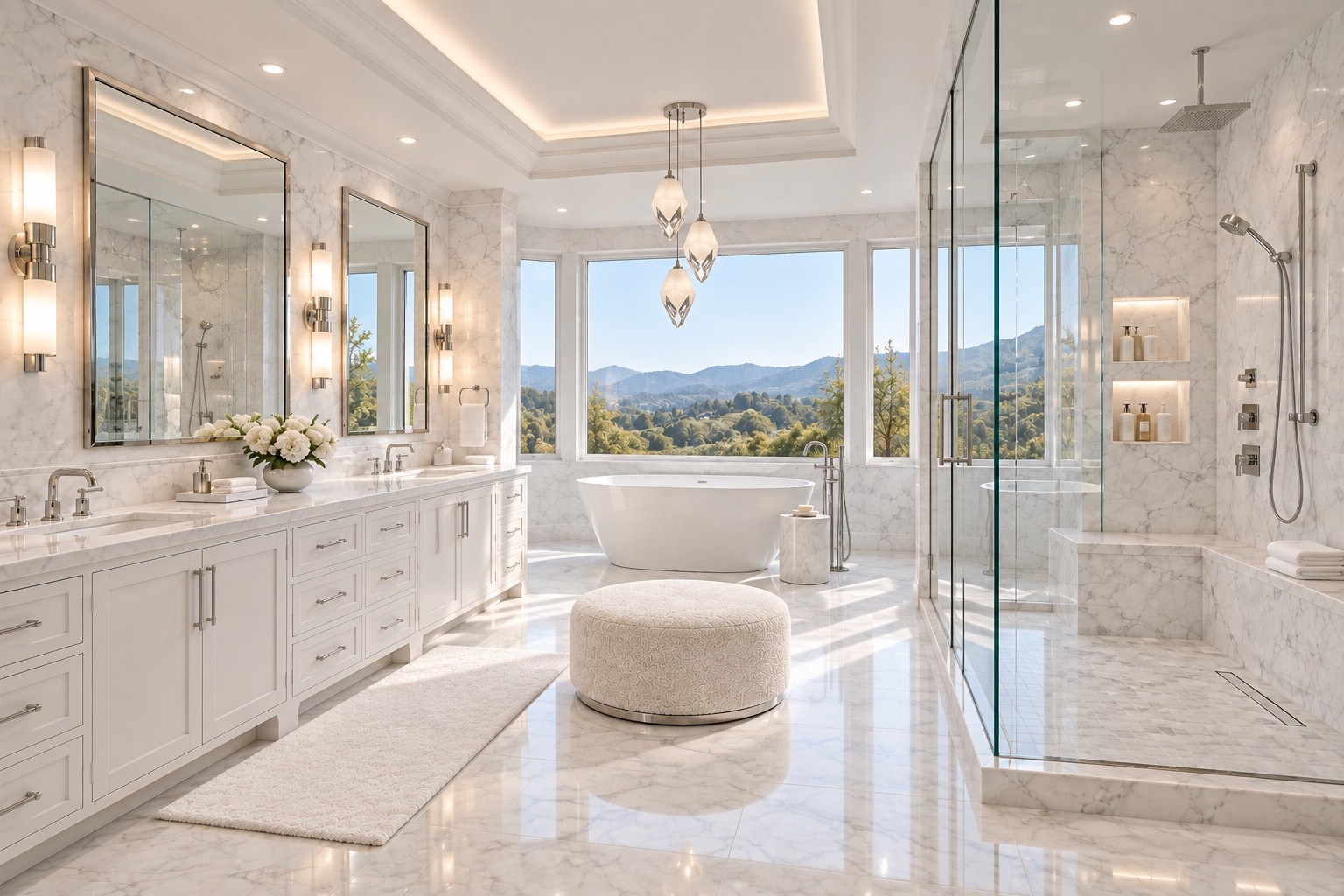 Primary bathroom with marble finishes and hillside views