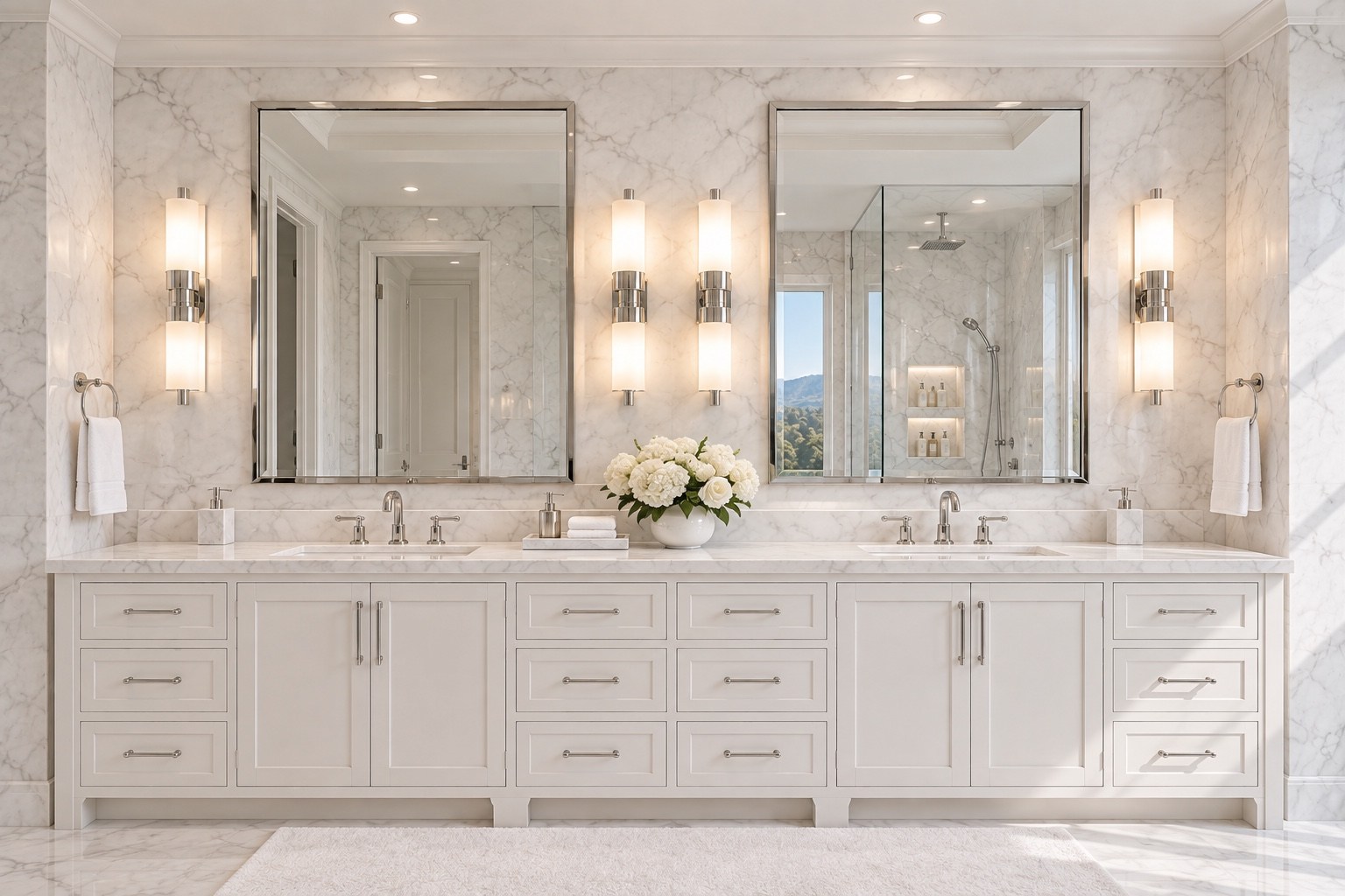 Double vanity with white cabinetry and illuminated mirrors