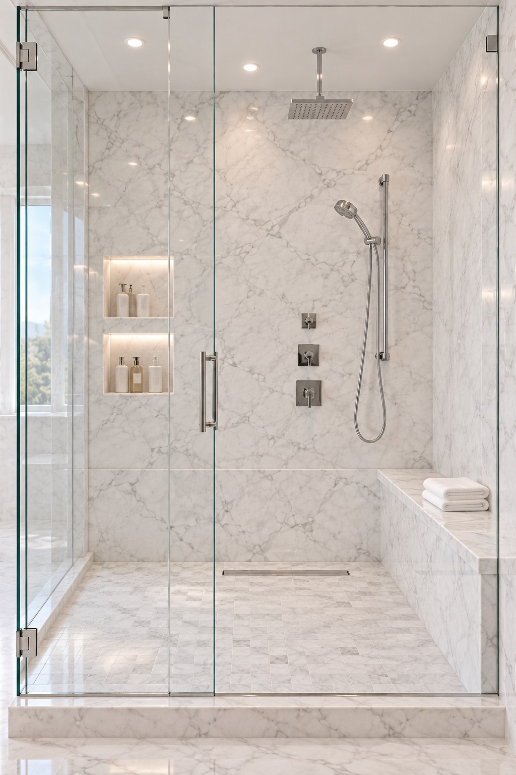 Marble walk-in shower with a built-in bench