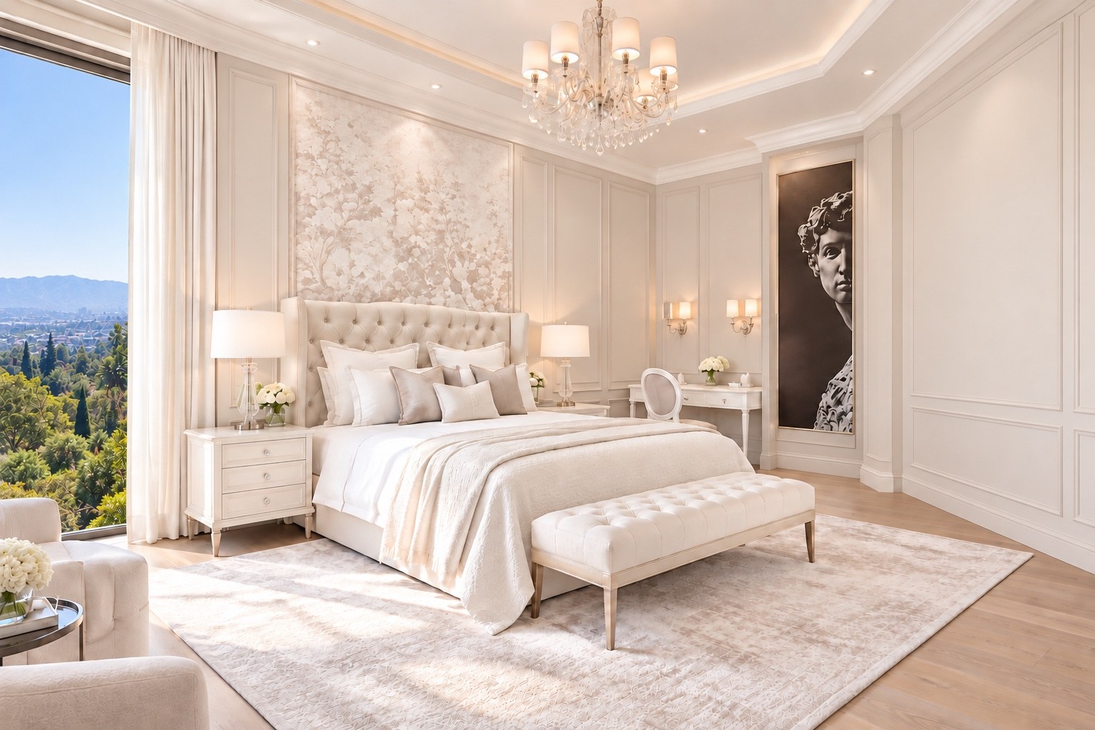 Primary bedroom seating and paneled walls