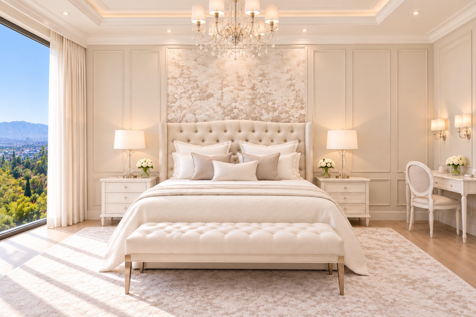 Primary bedroom with upholstered bed and sculptural chandelier