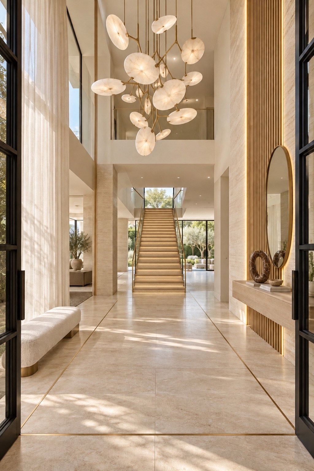 Double-height hall with sculptural lighting and staircase