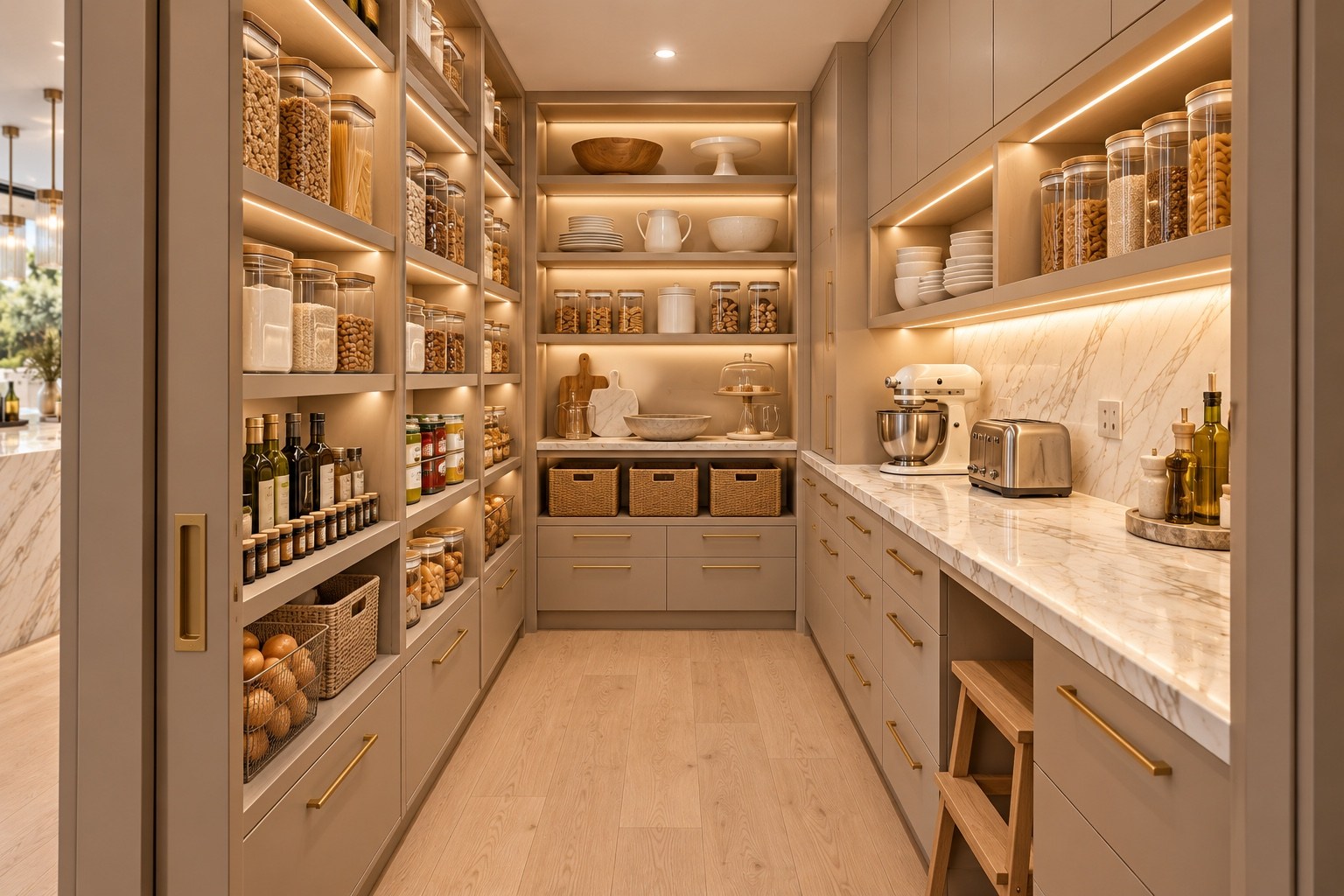Walk-in pantry with illuminated shelving and countertop appliances