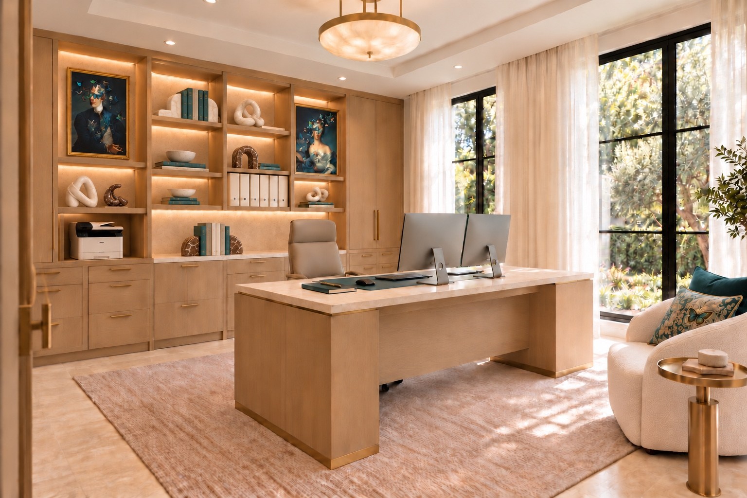 Home office desk and illuminated display cabinetry