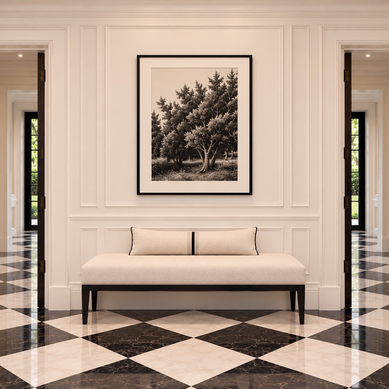 Entry bench against paneled walls and checkerboard flooring