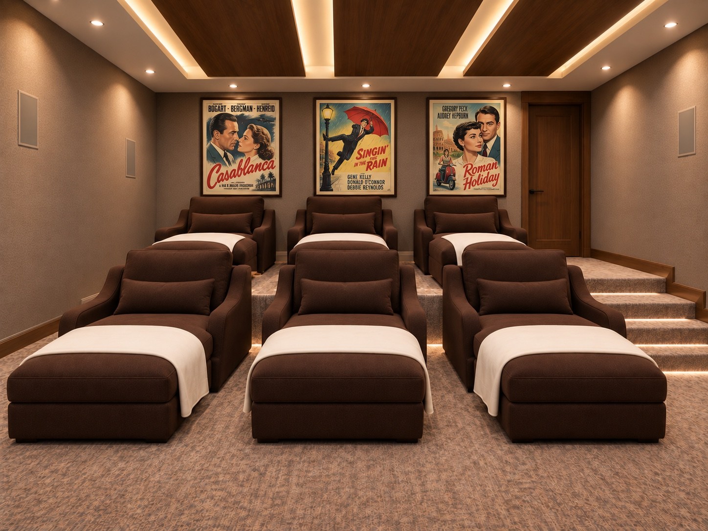 Theater seating beneath vintage movie posters