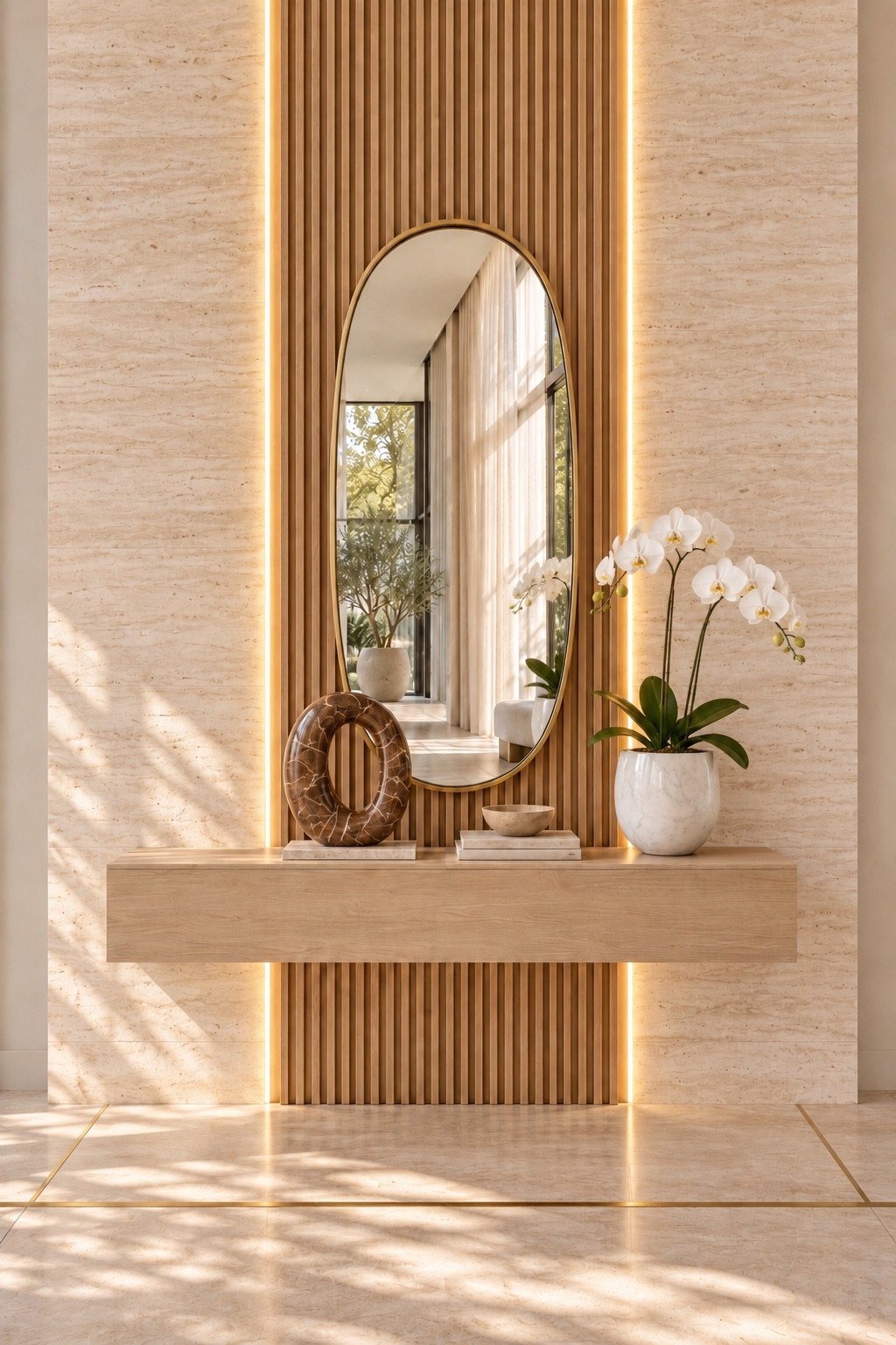 Fluted feature panel with an oval mirror and floating console
