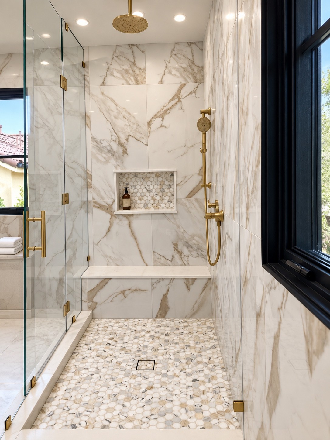 Walk-in shower with marble bench and mosaic floor