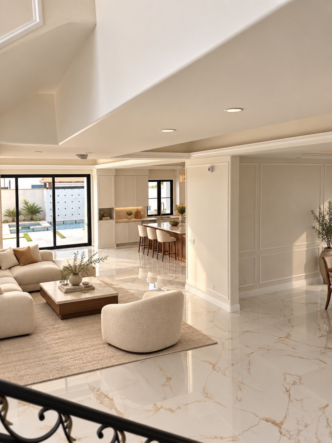 Living spaces viewed from the staircase landing