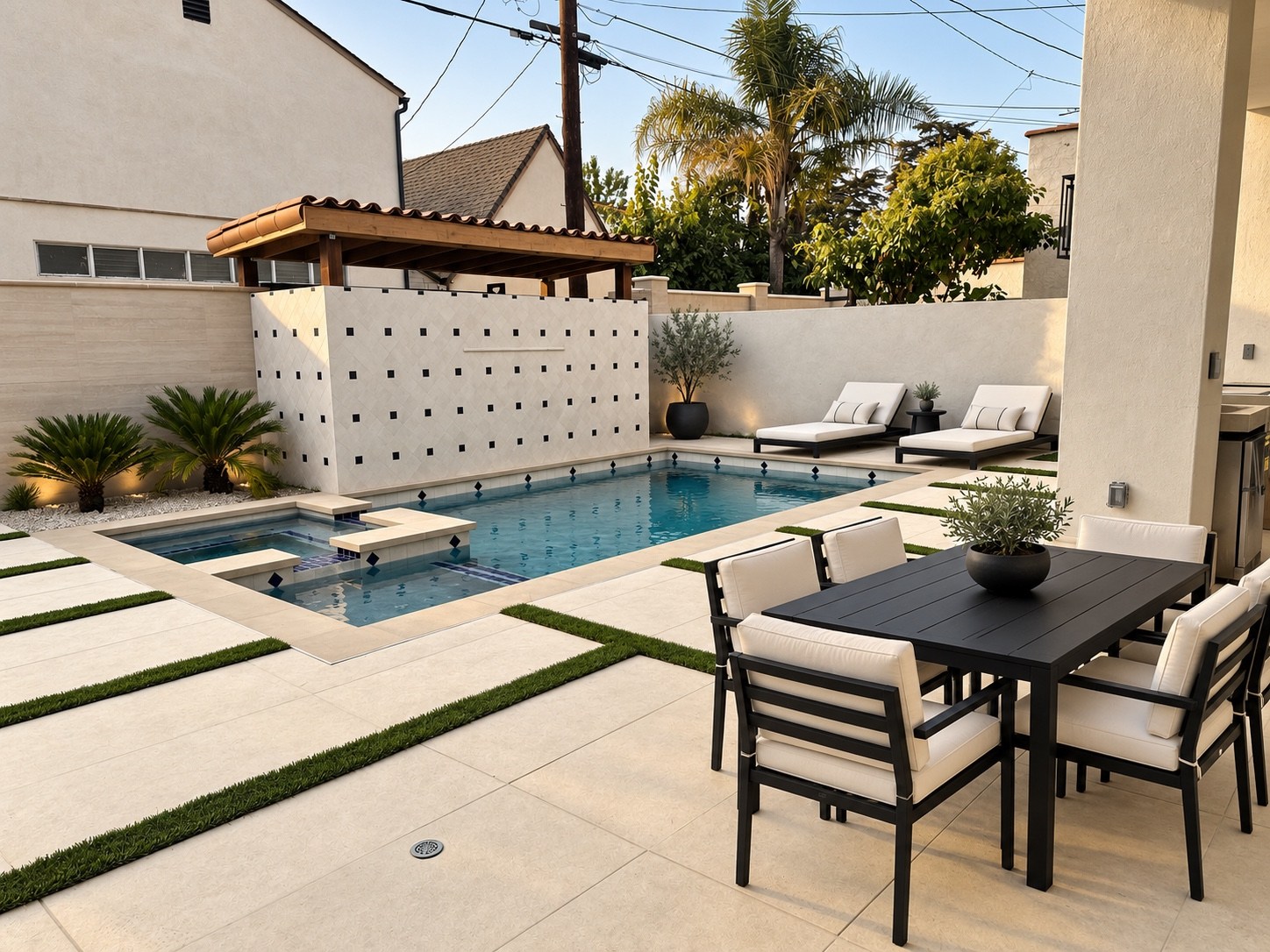 Outdoor dining area beside the pool