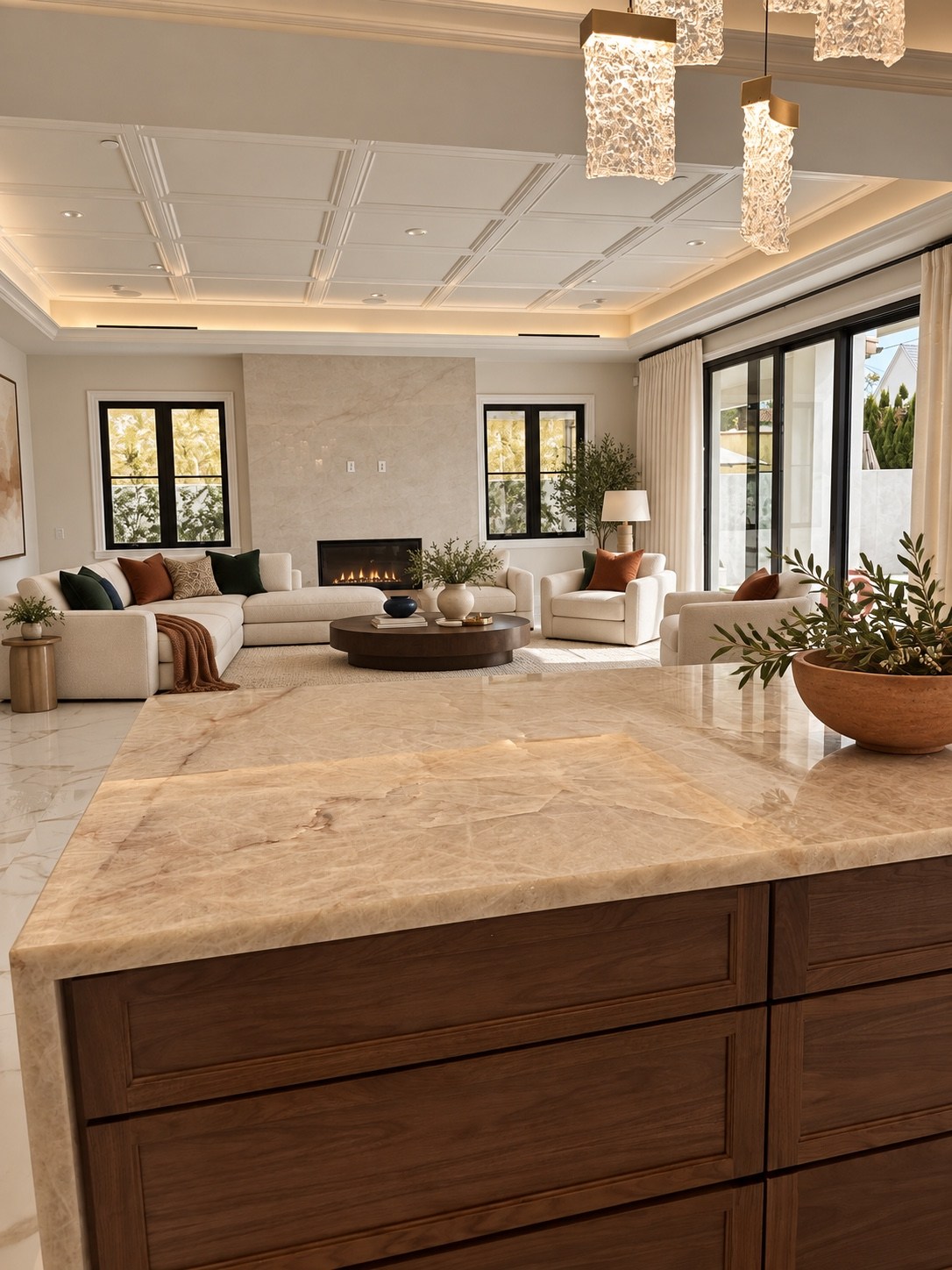 Warm wood island cabinetry and the living room beyond