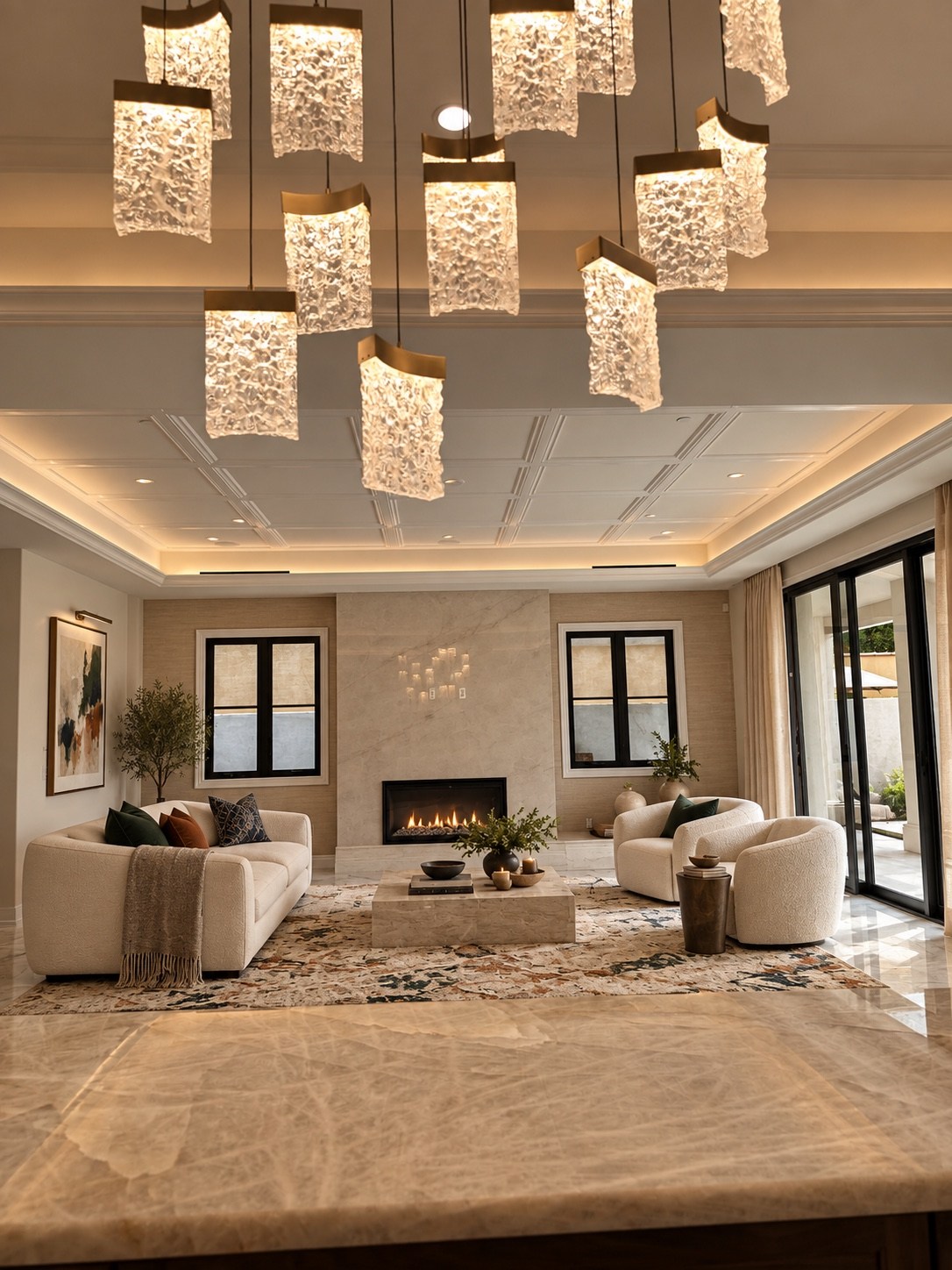 Kitchen island beneath sculptural pendant lighting
