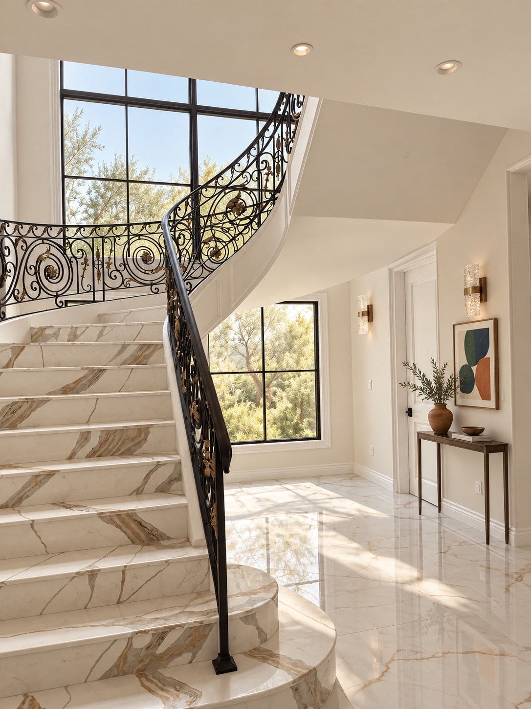 Marble staircase with decorative iron railing