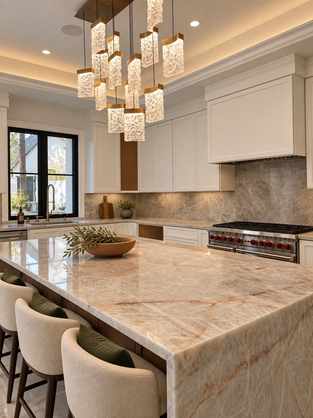 Kitchen island seating and range wall