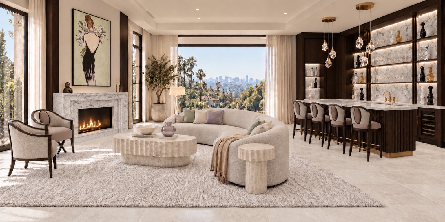 Beverly Hills Post Office living room with a marble fireplace, custom bar, and elegant seating