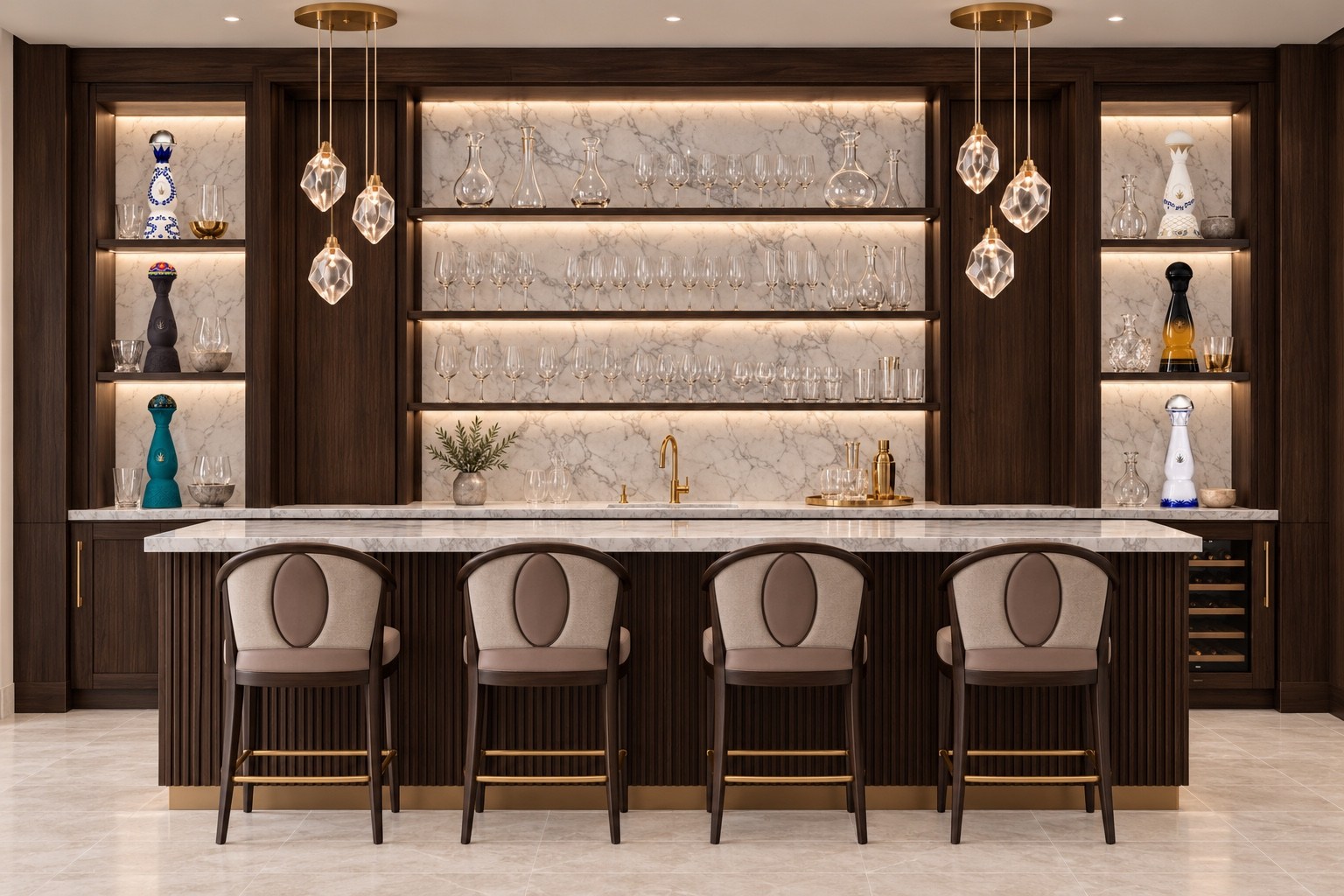 Bar with dark wood cabinetry, illuminated stone shelves and sculptural pendant lights