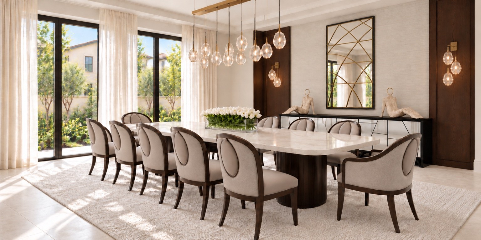 Dining room with upholstered chairs, a sculptural chandelier and garden views