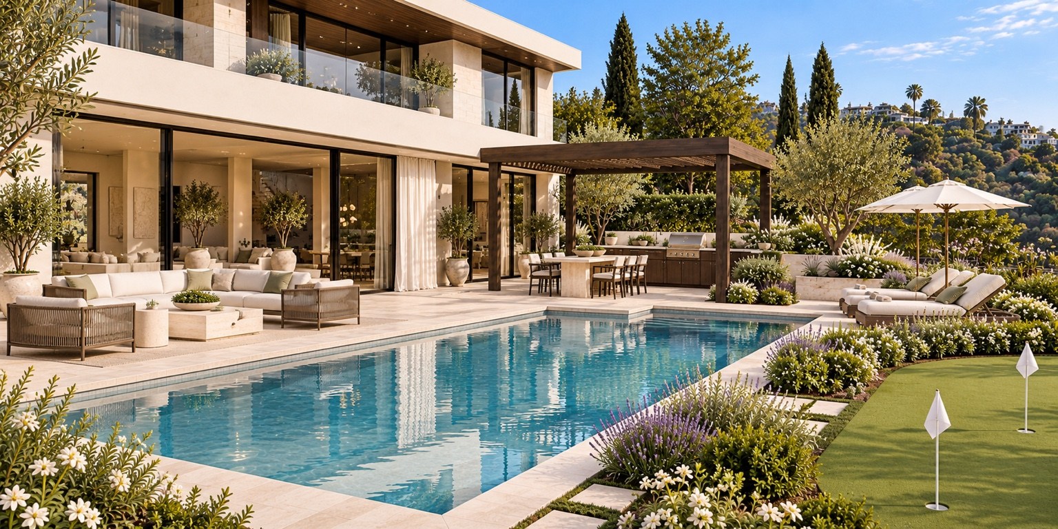 Backyard with swimming pool, outdoor seating and landscaped gardens