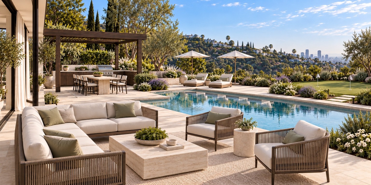 Outdoor lounge beside the pool, with covered dining and hillside views