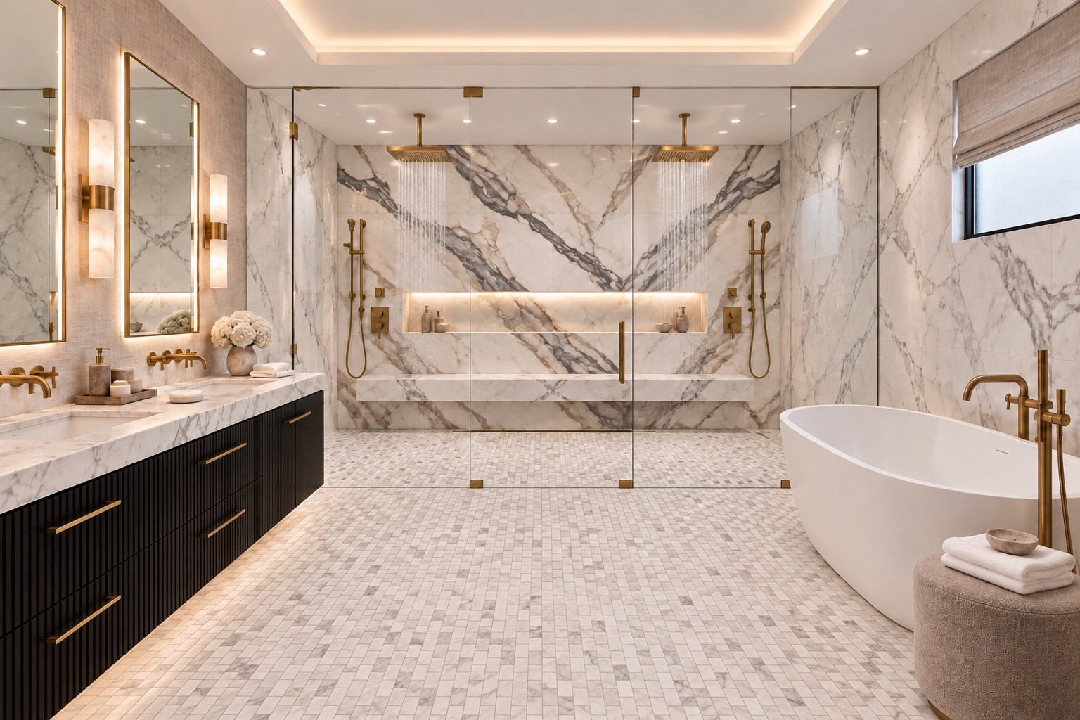 Primary bathroom with richly veined marble, gold fixtures and a freestanding tub