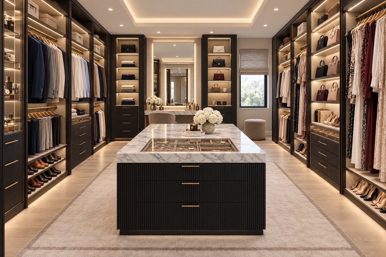 Walk-in closet with illuminated cabinetry and a marble-topped island