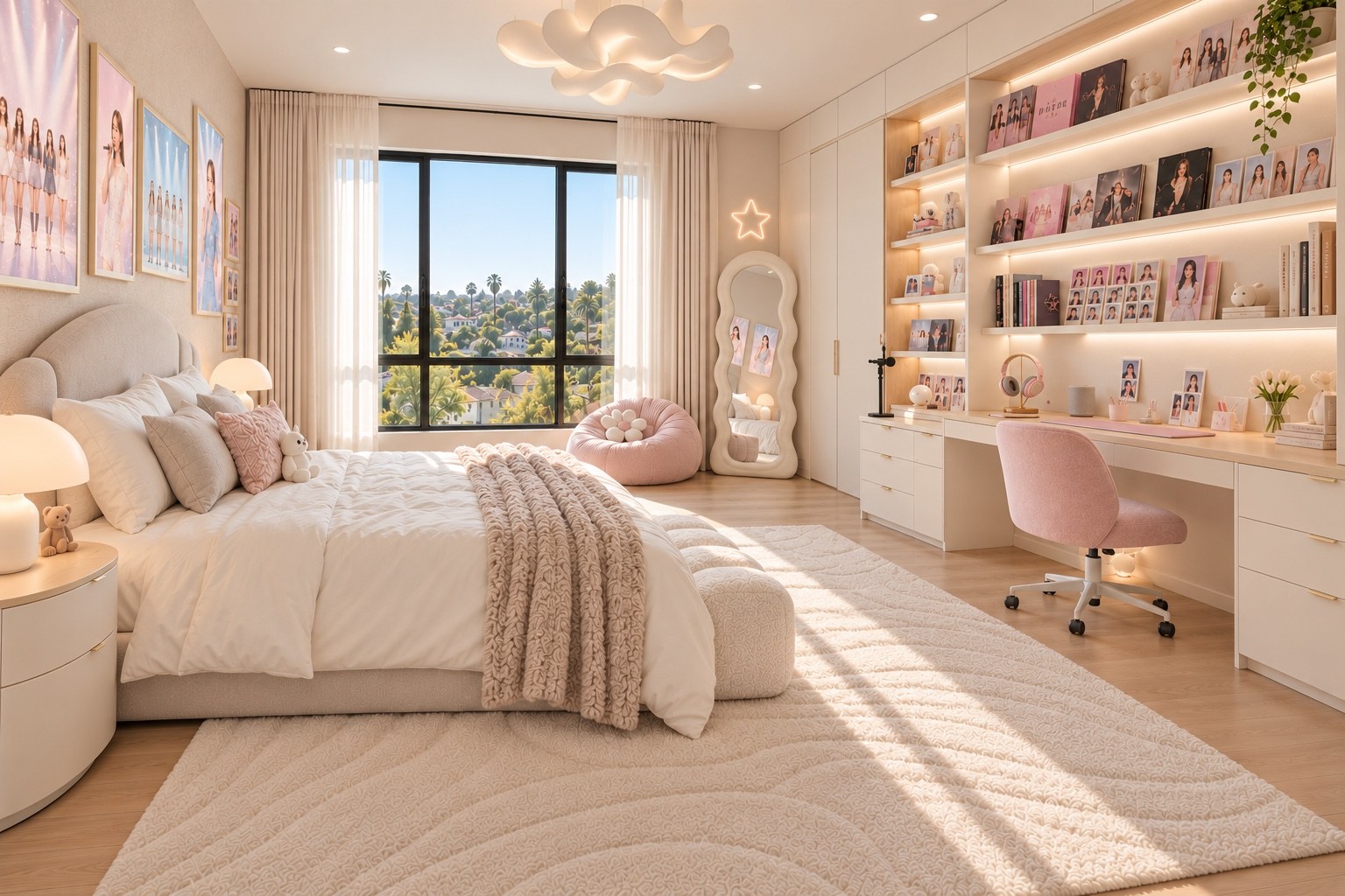 Children’s bedroom with soft pink accents, a desk and illuminated bookshelves