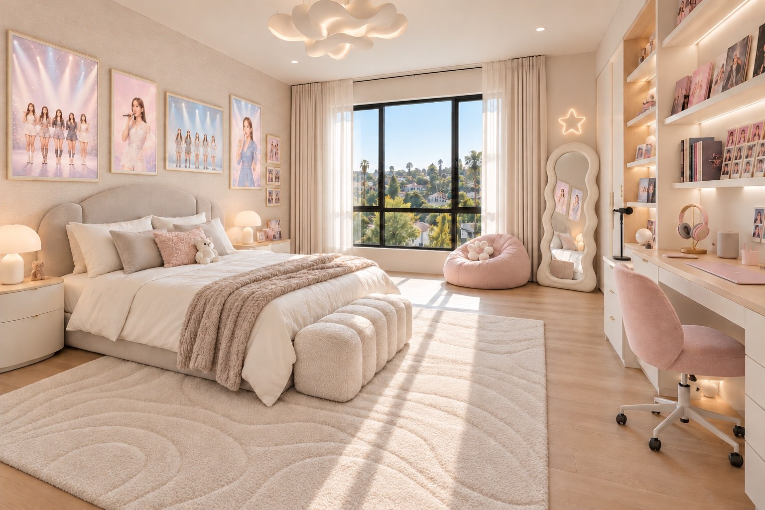 Children’s bedroom with layered cream textures and hillside views