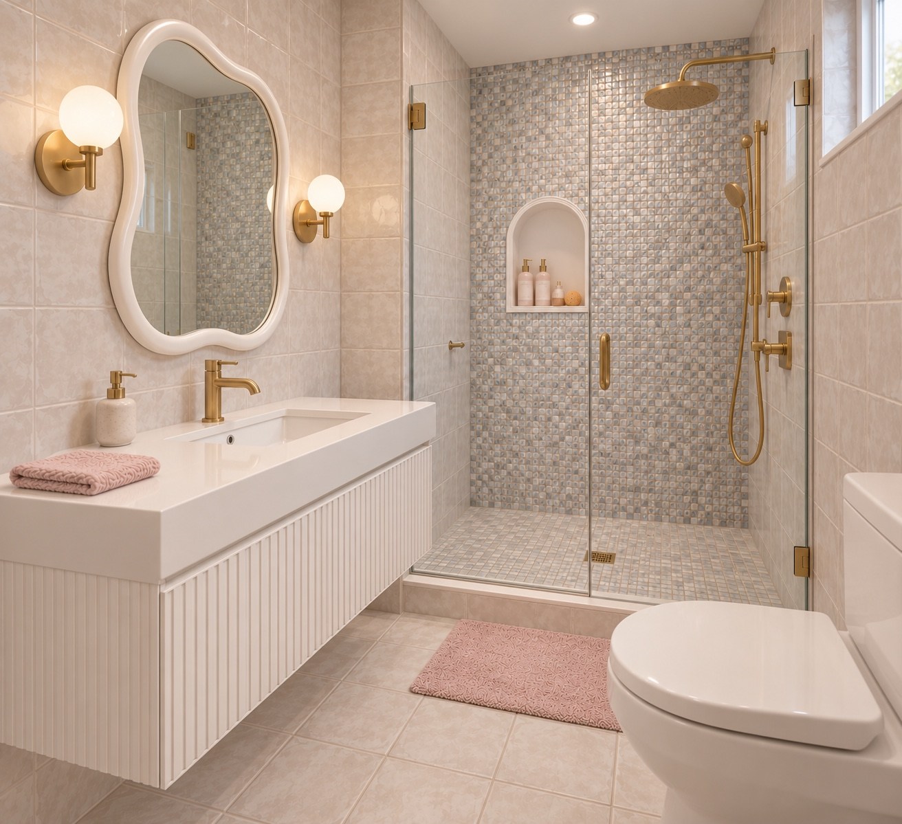 Children’s bathroom with a fluted white vanity, gold fixtures and pink accents