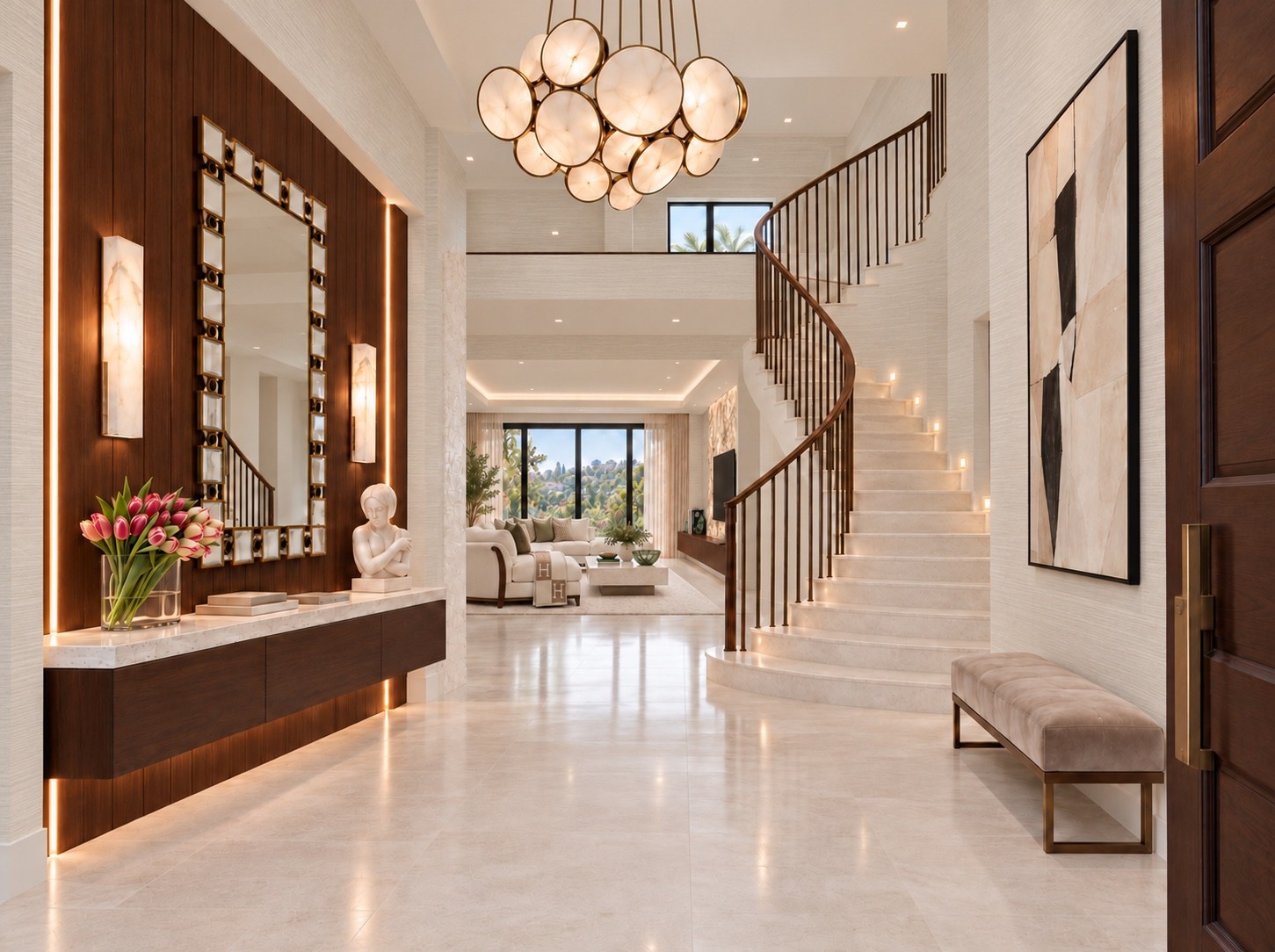 Entry hall with a curved staircase and sculptural pendant lighting