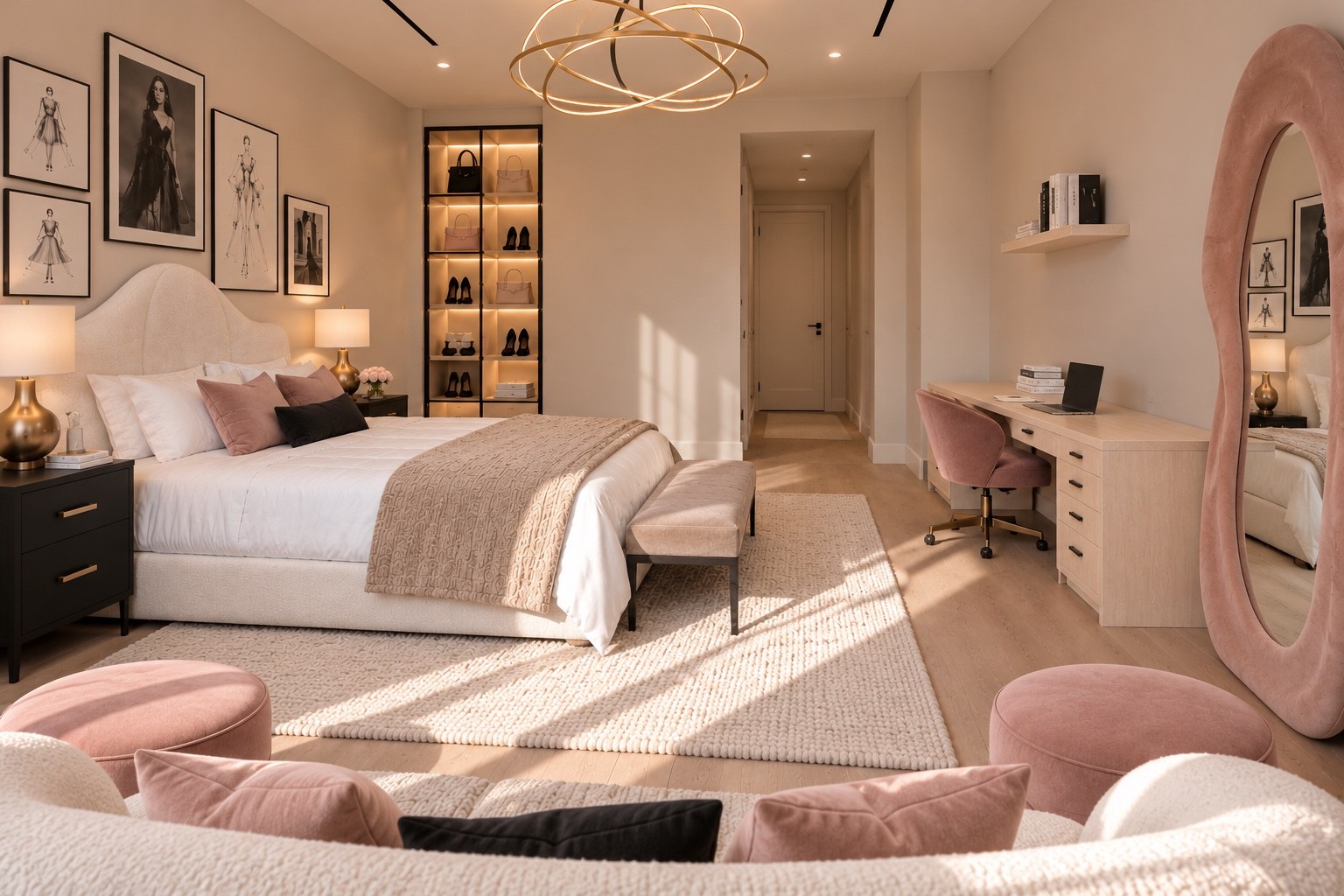 Bedroom with sculptural lighting, fashion artwork and blush seating