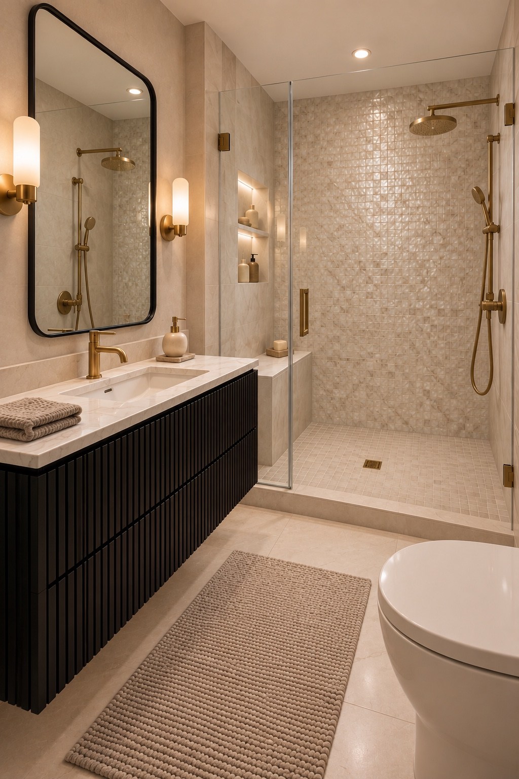 Bathroom with dark cabinetry, gold fixtures and a glass shower
