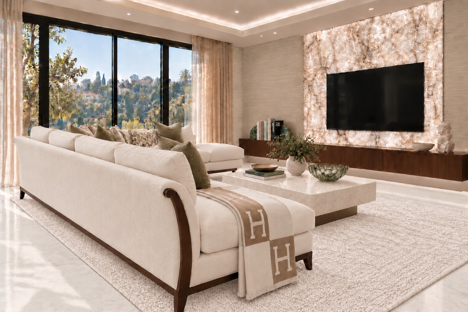 Living room with cream seating and an illuminated stone television wall