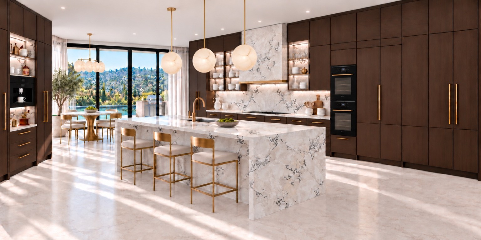 Kitchen with a marble island, dark wood cabinetry and gold accents