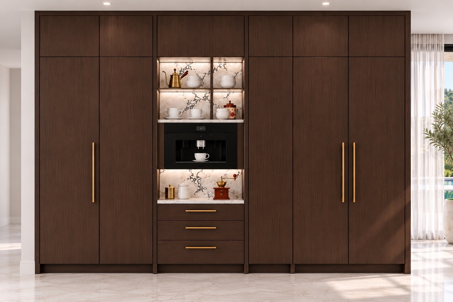 Built-in coffee station framed by dark wood cabinetry